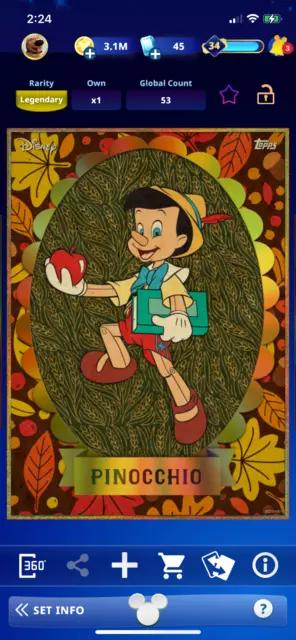 Disney Collect Autumn Season Iridescent Character Cards PINOCCHIO Legendary