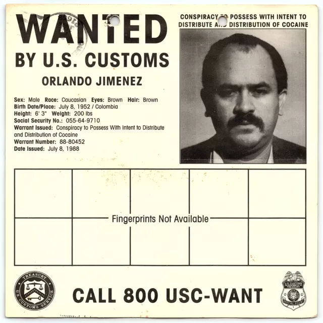 1988 Fbi Wanted Poster Orlando Jimenez Columbian Cocaine Distributer  Z4976