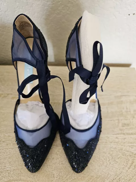 Betsey Johnson Navy Blue Embellished Ankle Tie Pump Heels Size 6.5 New