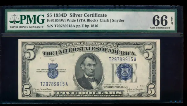 AC 1934D $5 Silver Certificate Wide I PMG 66 EPQ T-A block Fr 1654W !!!