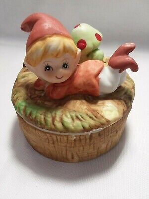Vintage HOMCO 5404 Boy Elf Mushroom Round Trinket Dish Fairy Pixie