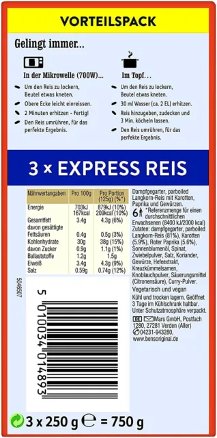 Bens Original Express Reis Mix 3x riso al curry 3x mediterraneo ciascuno 250g NUOVO MHD 6/23