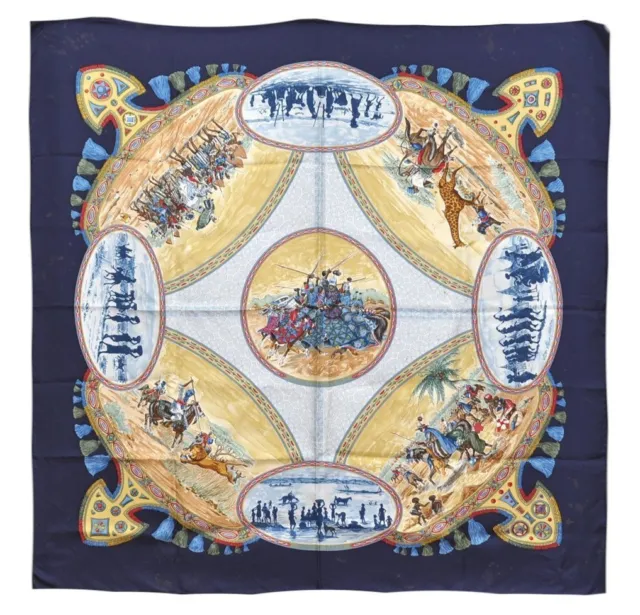 Authentic HERMES Carre 90 Scarf "CAVALIERS PEULS" Silk Navy 4073H