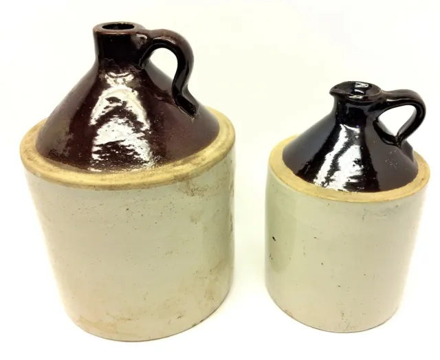 Two Antique Old Stoneware Salt Glaze Jugs Crocks Pitchers with Spouts Brown Gray