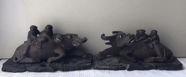 Pair Of Antique Chinese Carved Wooden Water Buffalo Figurines With Bases