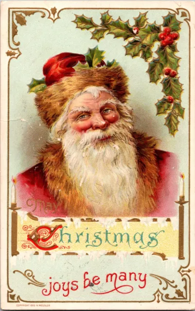 Antique Christmas Postcard Santa Claus Pink Robe Fur Lined Hat Old World Holly
