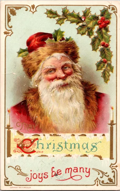 Antique Christmas Postcard Santa Claus Pink Robe Fur Lined Hat Old World Holly