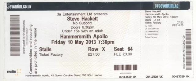 Steve Hackett 5/10/13 London England UK Apollo Rare Ticket Stub! Genesis