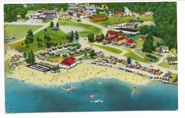 Postcard Aerial View Old Forge Lake and Beach Village Old Forge NY Adirondack Mt