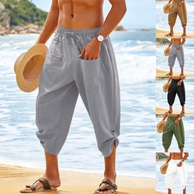 Men Summer Beach Cotton Linen Shorts Short Pants Holiday Casual Pockets Trousers