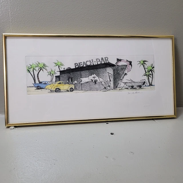 Watercolor Painting Print Realistic Cartoon Surreal Beach Bar 1960s Rat People