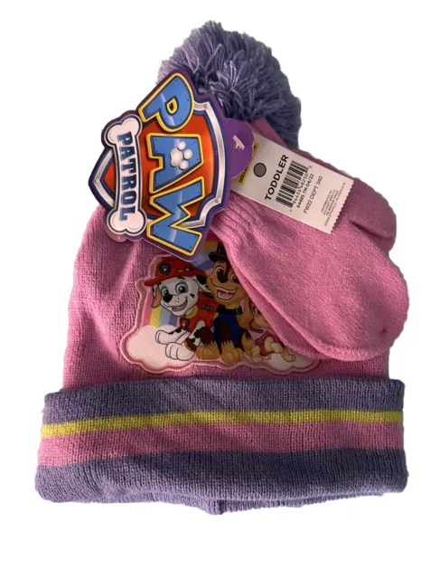 New NWT Paw Patrol Hat & Mittens 2 Pk Set pups Pink & Purple - Toddler Cute