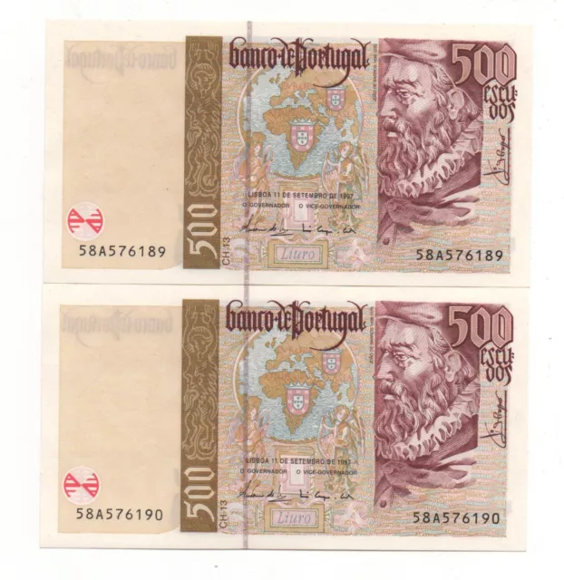 Portugal 2 X 500 Escudos 1997 Pick 187 Unc Consecutive Numbers