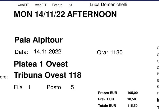Biglietti Nitto ATP Finals 2022 Torino Lunedi 14/11/2022 Pomeriggio
