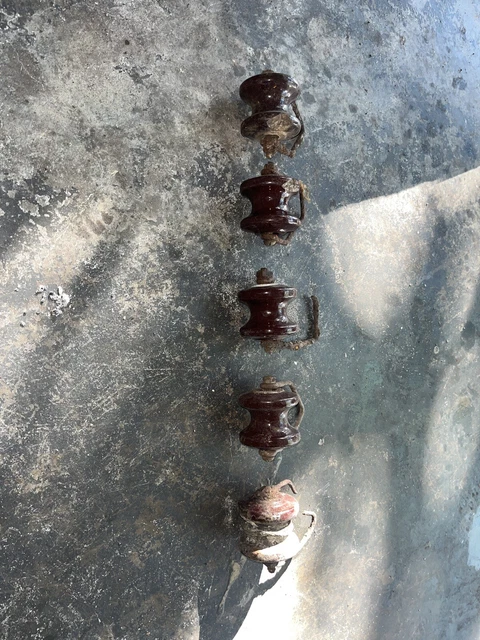 Vintage Brown Ceramic Porcelain insulators with hardware. lot of 5