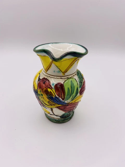 Small Vintage Italian Majolica Pottery Bird Floral  Vase