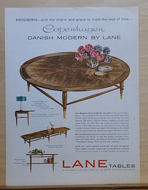 1958 magazine ad for Lane Copenhagen Danish Modern Tables - with charm & grace