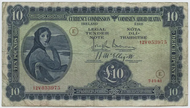 Currency Commission Ireland, 10 Pounds 1941 War Code E. World War 2 issue.