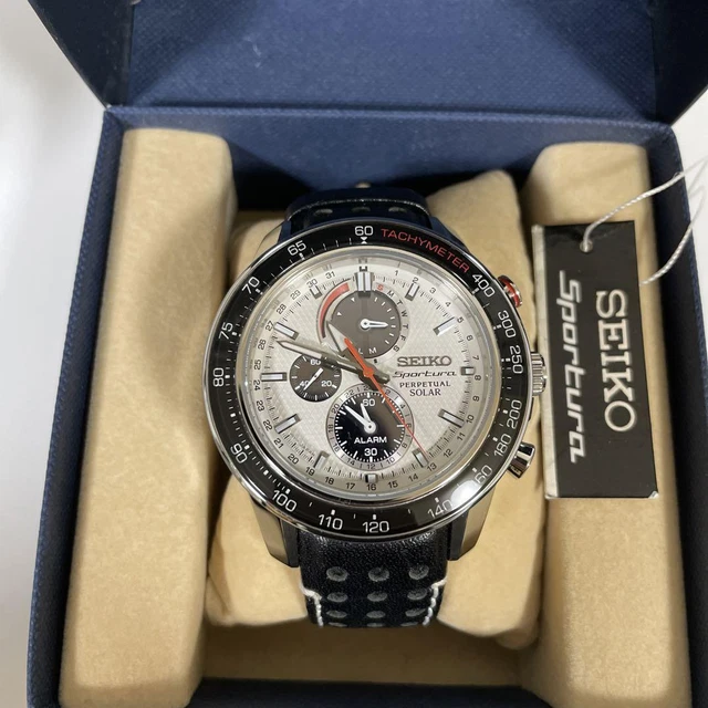 SEIKO V198-0AA0 SPORTURA Solar White Dial mm SS Leather w/Box Men's $321.56