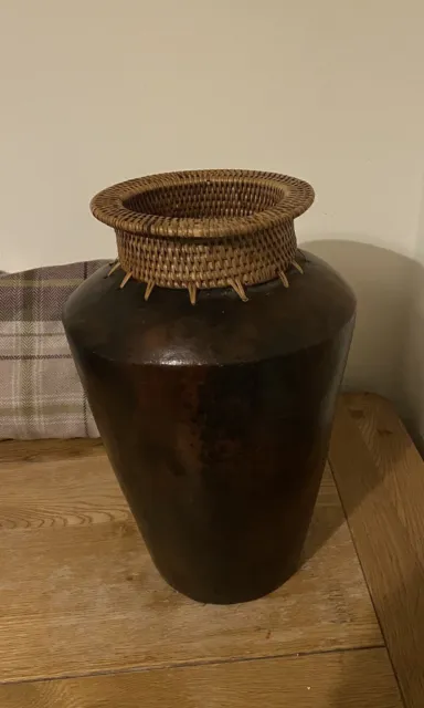 Vintage Clay Pottery Vase Earthenware Woven Rattan Top Indonesian