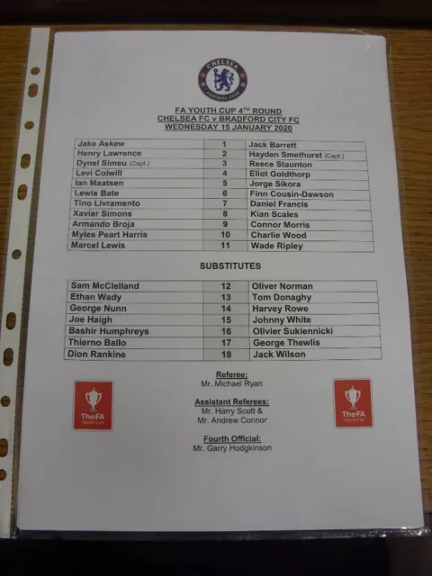 15/01/2020 Chelsea Youth v Bradford City Youth [FA Youth Cup] (single sheet). Fo