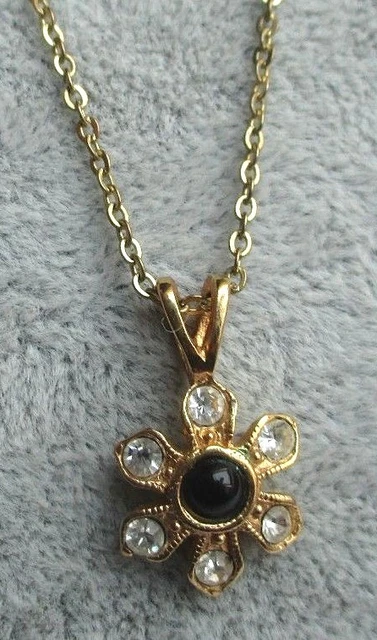 Pendentif Collier Plaqué Or Avec Perle Noire Et Cristaux - Bijou Occasion Bon état