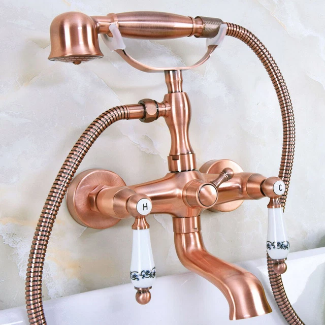 Antique Red Copper Bathroom Tub Faucet Hand Spray Shower Mixer Water Tap 2na328