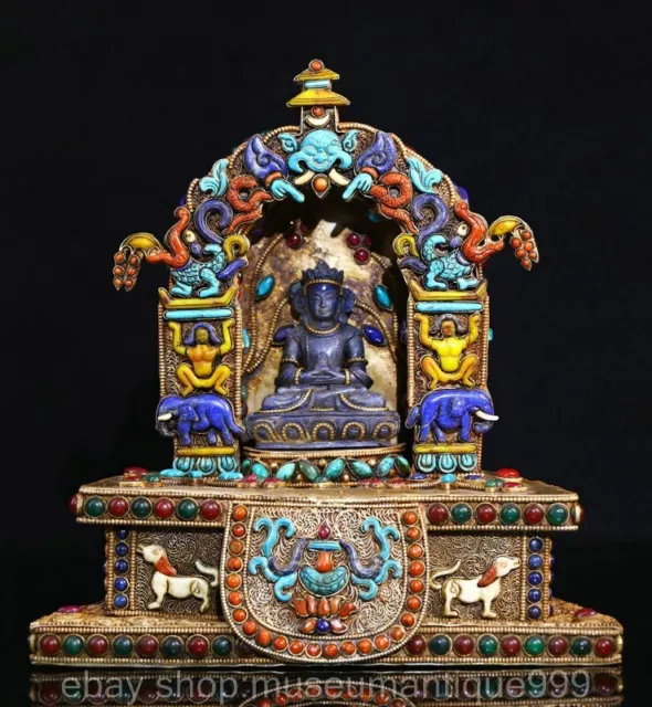 10" Old Tibet Natural lapis lazuli stone Carving Buddhism Buddha Buddhist niche