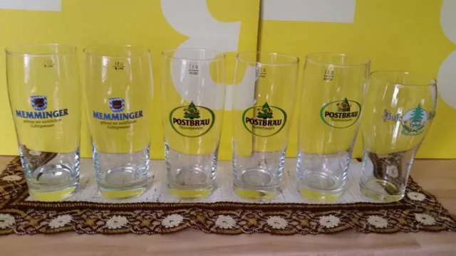 6 Biergläser: 4x Postbräu Thannhausen, 2x Memminger, 0,5L (Bierglas / Helles)