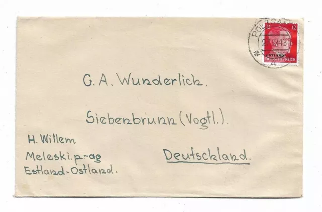 GERMANY-THIRD REICH 1943s COVER FROM PÖLTSAMAA/PAID 12 Rp-OSTLAND-HITLER-WW II