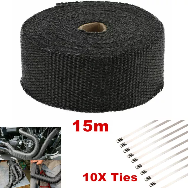 Black Titanium Heat Wrap Tape 15M Exhaust Insulating Downpipe Manifold with Ties