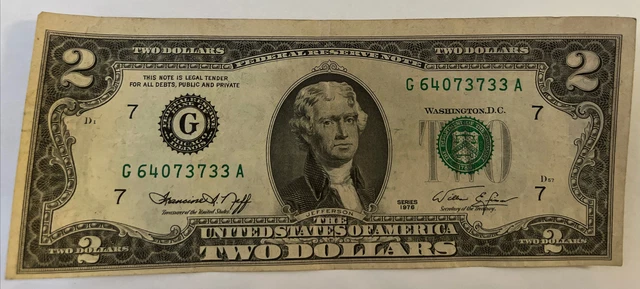 1976 2 Dollar Bill Federal Reserve. Declaration Of Independance
