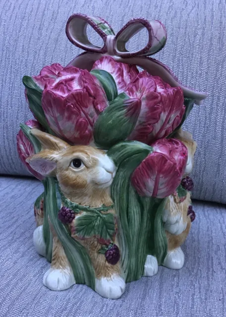 Fitz & Floyd Blackberry Rabbit Bunny Cookie Jar and Lid Spring Easter Bunny