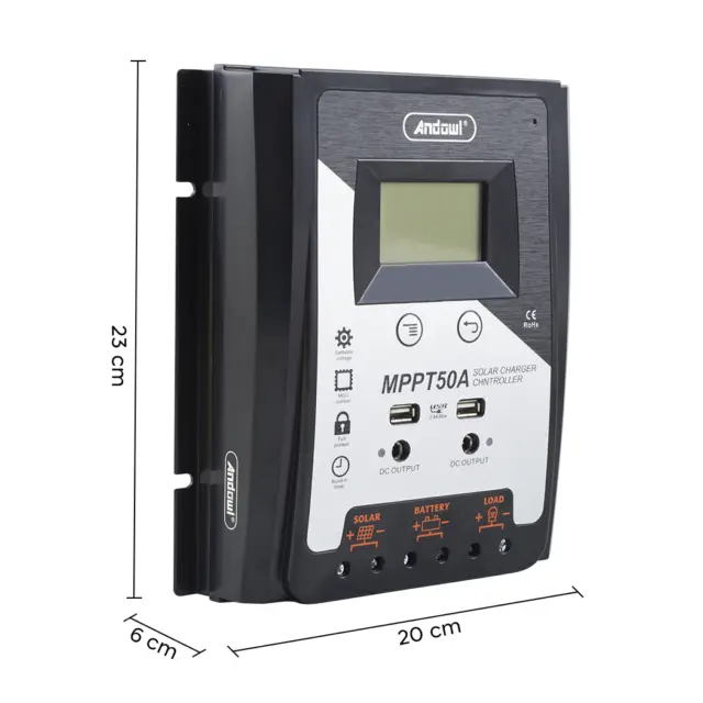Controlador de carga solar MPPT50A 12-24-48V Controlador batería 2x Pantalla USB 3