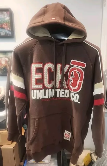 Ecko Unlimited Hoodie Mens L Brown Relaxed Hooded Sweatshirt Embroidered