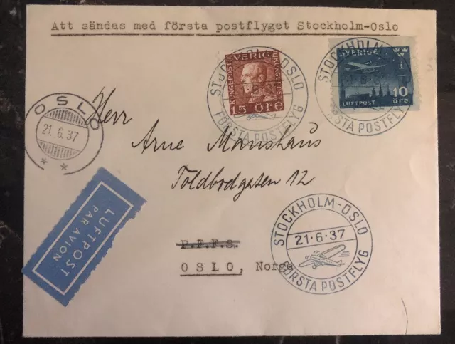 1937 Stockholm Sweden First Flight cover FFC to Oslo Norway