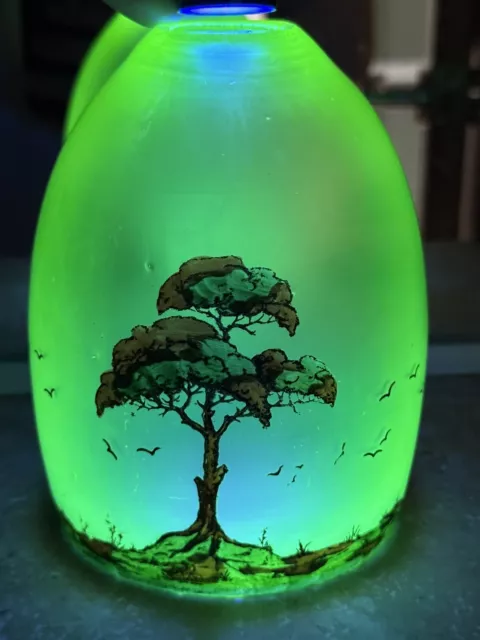 Antique Art Deco Vaseline Uranium Glass Light Shade Painted With Trees & Birds