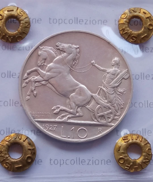 10 LIRE 1927 Biga 2 ROSETTE Vittorio Emanuele III PERIZIATA Italy Kingdom