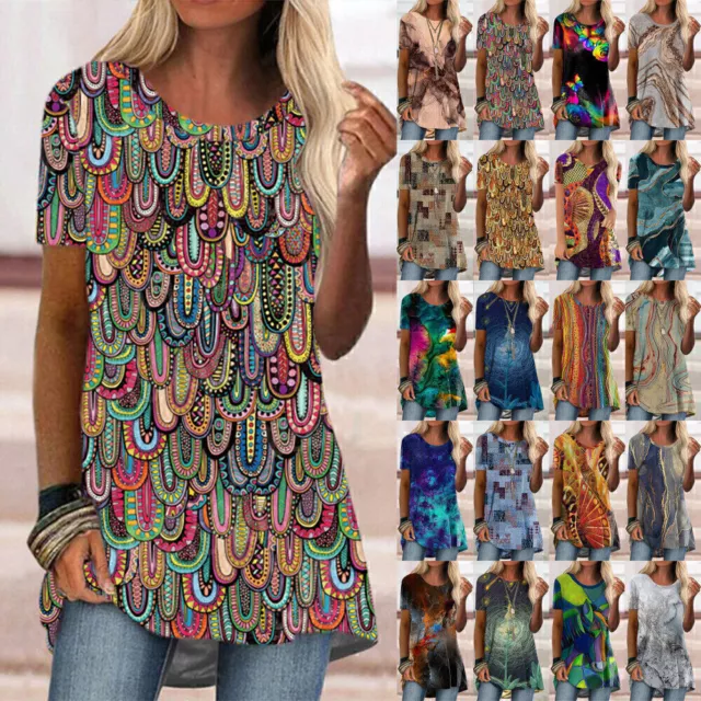 Womens Boho Floral T-Shirt Blouse Ladies Summer Holiday Casual Tunic Tops Tee 16