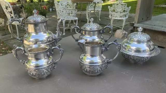 Ornate Antique Victorian Matching 5 Piece Derby Silverplate Teaset