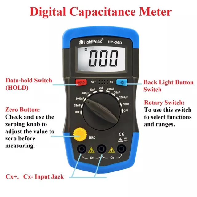 Holdpeak Digital Capacitance Meter Capacitor Tester 200pF-20mF LCD Multimeter UK 3