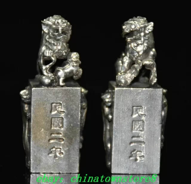 Old Chinese Silver Dynasty Lion Fu Foo Dog Pixiu Beast Seal Stamp Signet Pair