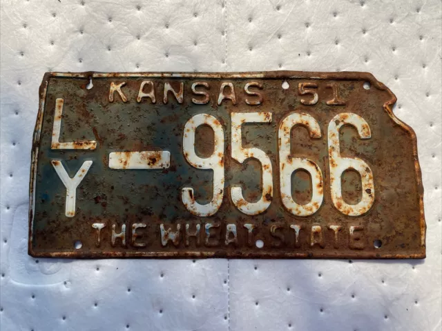 1951 Kansas State Shaped License Plate Original Collectible Lyon County Ks. 9566