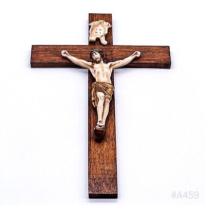 Vintage Wall Cross Crucifix Jesus Christ Inri Wood & China Handmade 15 11/16in