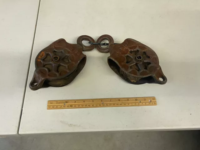Vintage Lot Of 2 Pulleys - Metal & Wood - Barn, Maritime Decorative Collectible