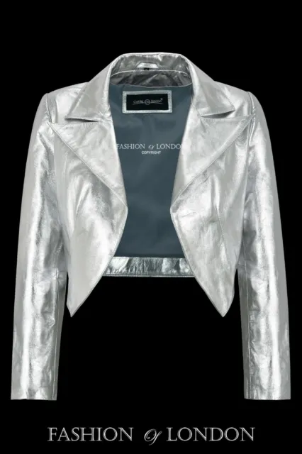 Ladies Cropped Leather Shrug Silver Slim-fit Short Body Jacket Bolero Style 5650