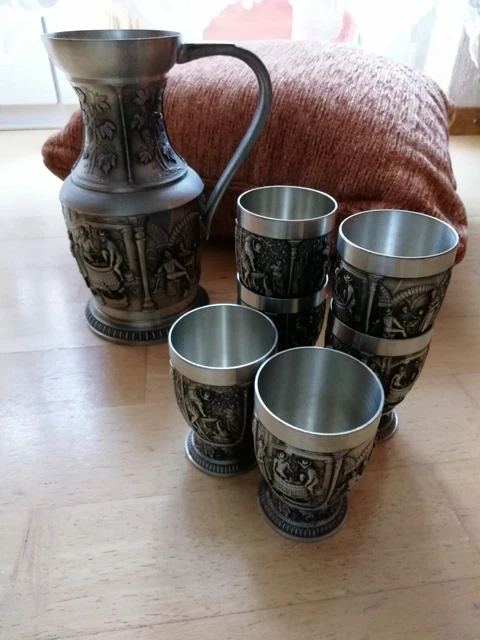 Zinn Wein-Karaffe mit 6 Bechern