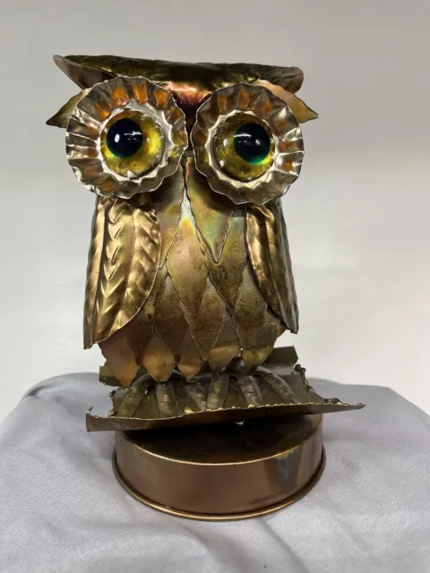 Vintage Mid Century Sankyo Rotating Brutalist Metal Owl Music Box