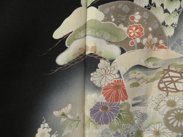 0907T04z530 Vintage Japanese Kimono Silk TOMESODE Black Flowers 6