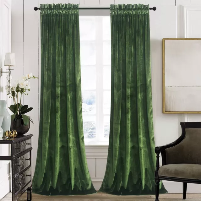 Velvet Curtain Panels Moss Green Room Darkening Window Super Soft Luxury Drapes